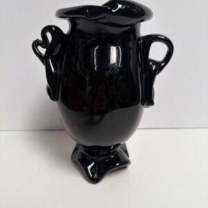 Hand Blown‎ Black Art Glass Double Handled Vase 9" Tall Pontil Mark Unsigned